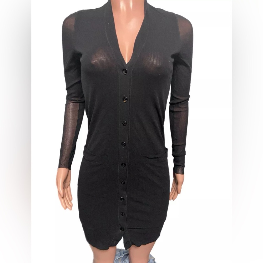 Fuzzi Black Semi-sheer Button Down Cardi Cardigan sweater XS Italy Chic Knit